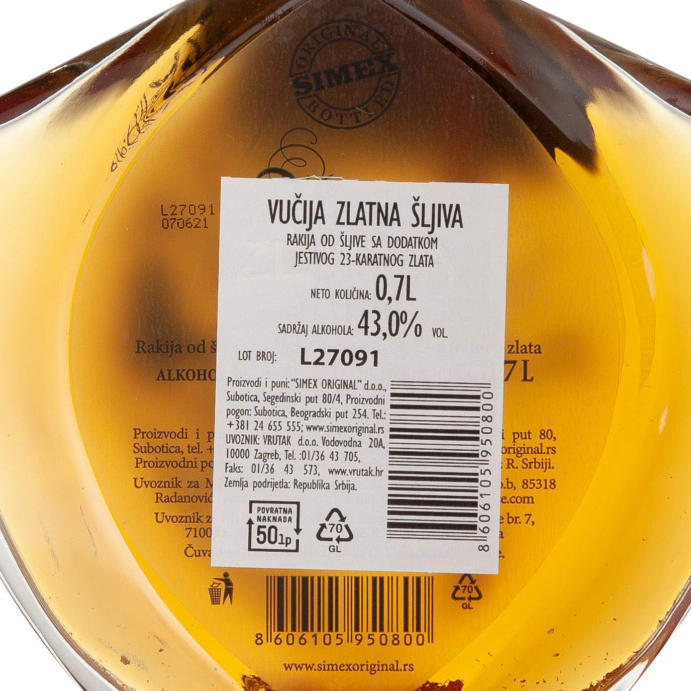 Vrutak | *RAKIJA ŠLJIVOVICA VUČIJA ZLATNA 0,7L SIMEX ALK.43% -4/1-